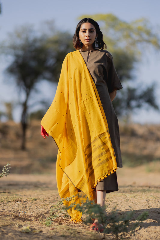 Charcoal Kurta Set with Yellow Dupatta