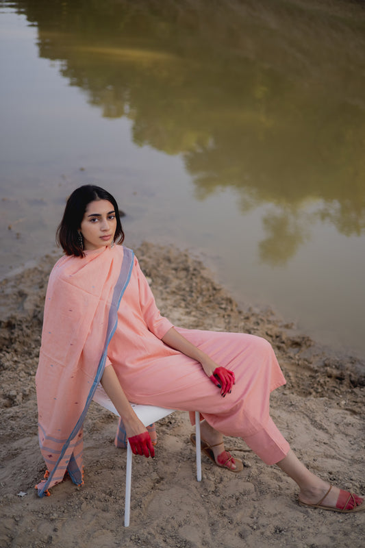 Peach Cotton Kurta set with Jaamdani Dupatta