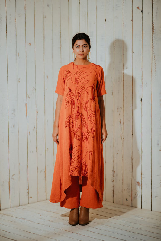 Tangerine Foliage High-Low Tunic and Pants SET