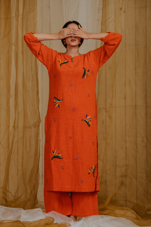 Tangerine Paradise Flowers Kurta