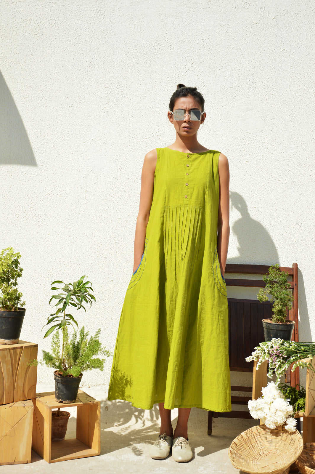 Lime Green Waist-Tucks Dress Silai Studio Lime Green Waist-Tucks Dress Silai Studio