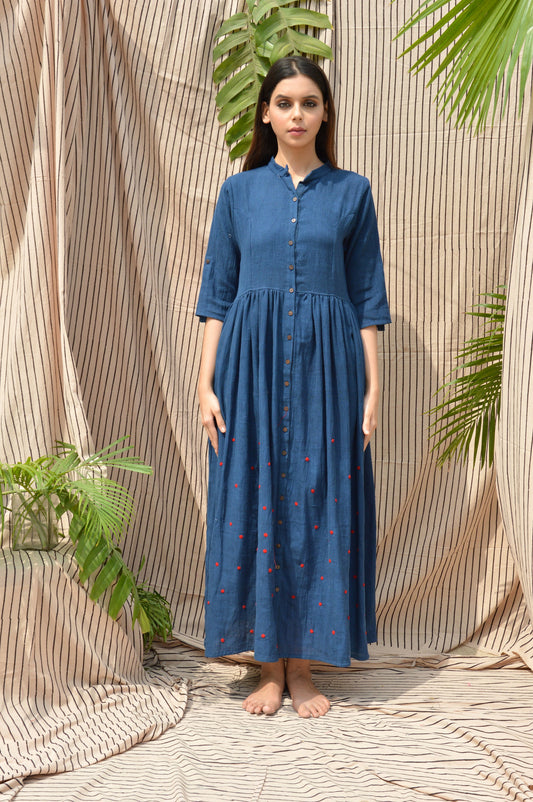Indigo Shirt Dress with Red Polka