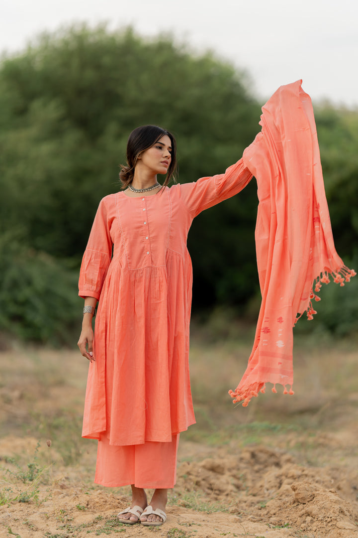 Peach Rose Mulmul Kurta Set