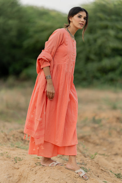 Peach Rose Mulmul Kurta Set