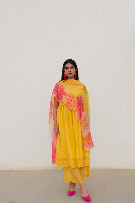 Yellow Fields Kurta Set with Floral Dupatta