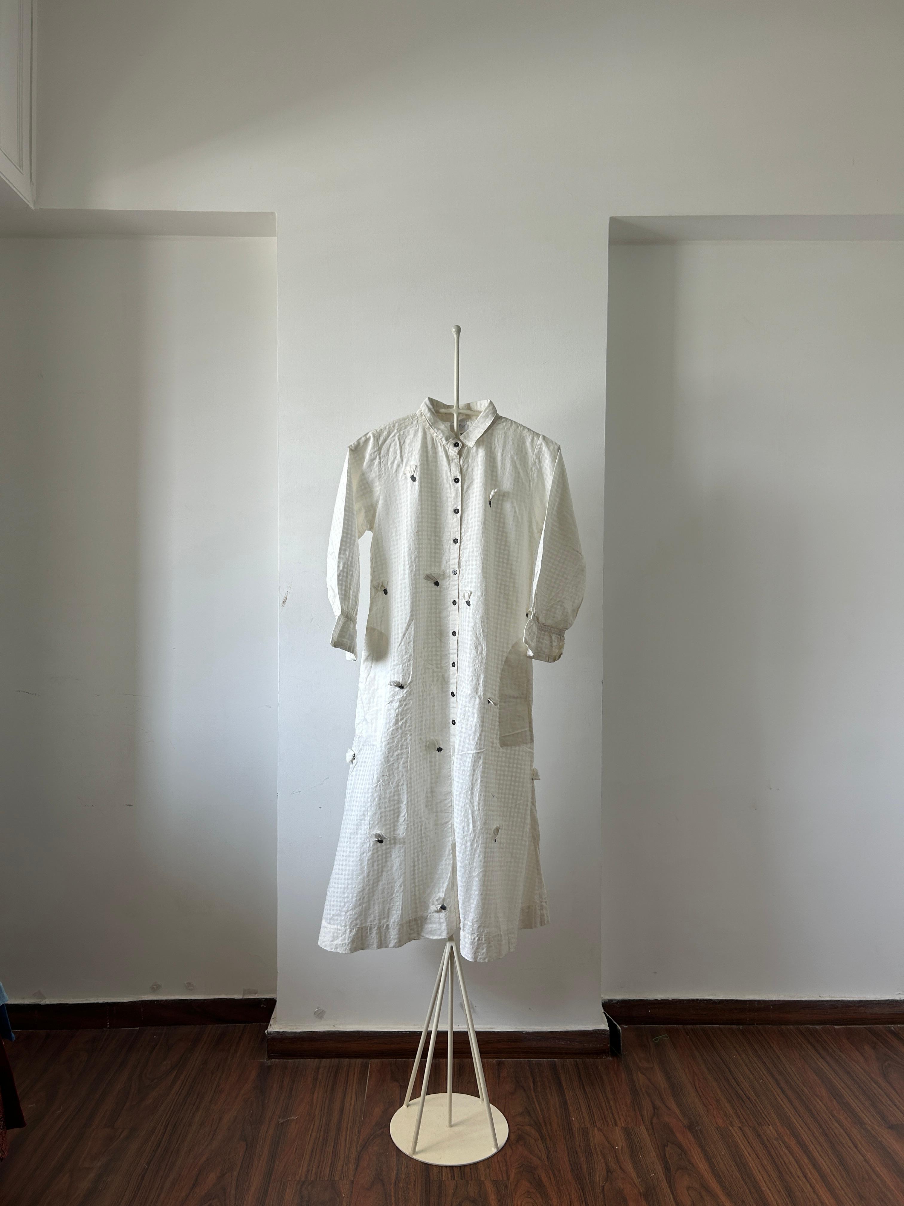 White Checkered Applique Dress with Pockets – Silai Studio