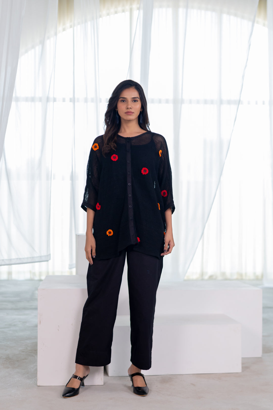 Blooming Black Mesh Top and Pants Set