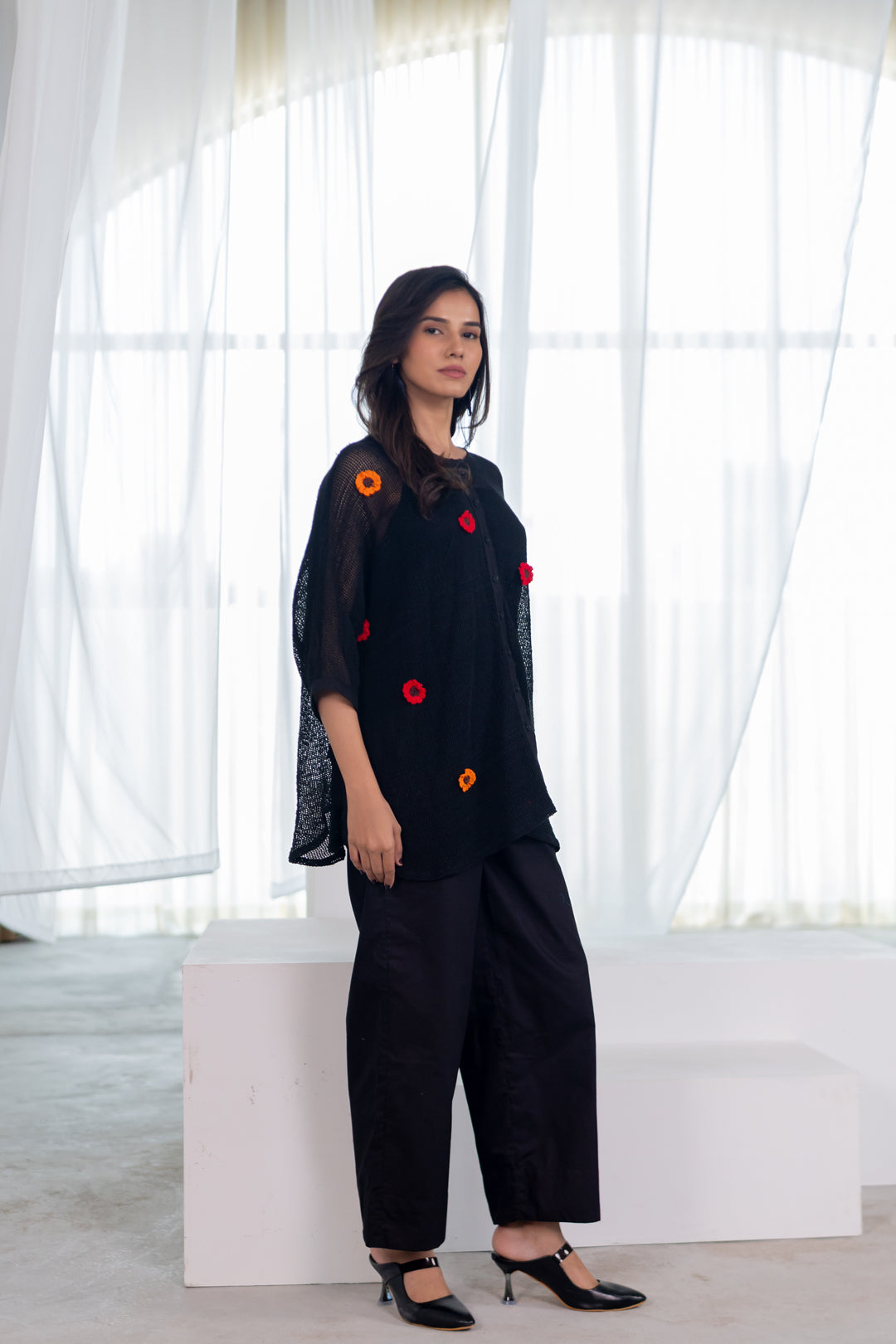 Blooming Black Mesh Top and Pants Set