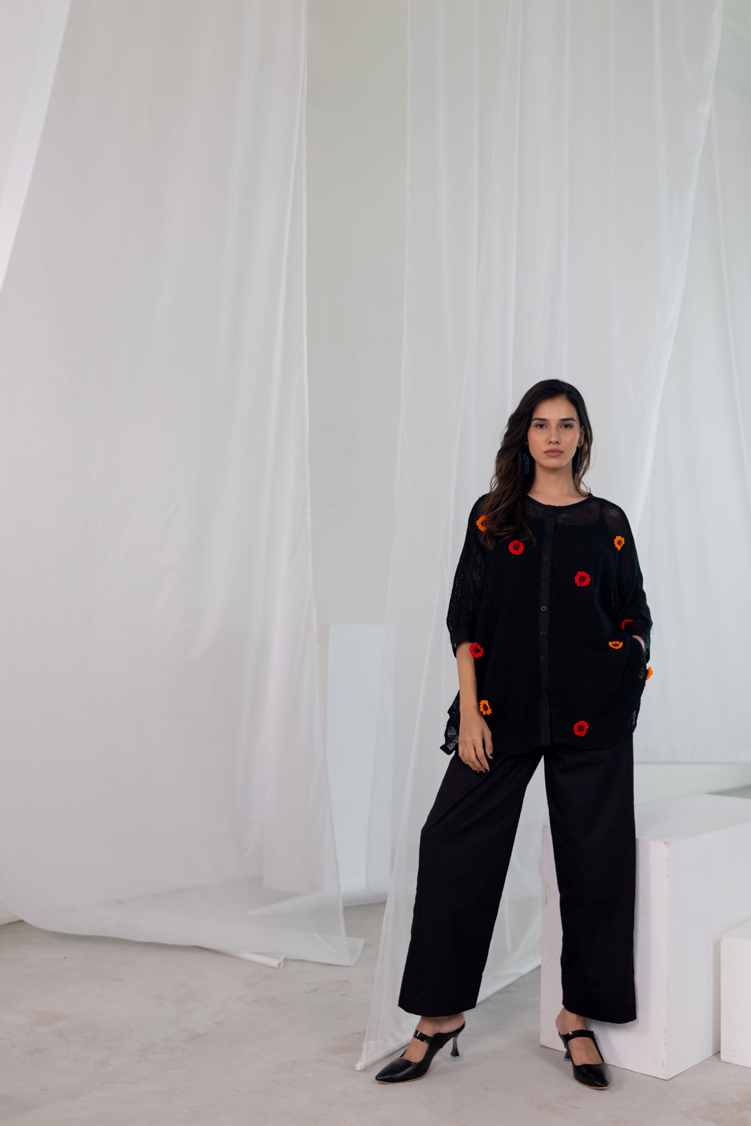 Blooming Black Mesh Top and Pants Set