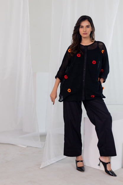 Blooming Black Mesh Top and Pants Set