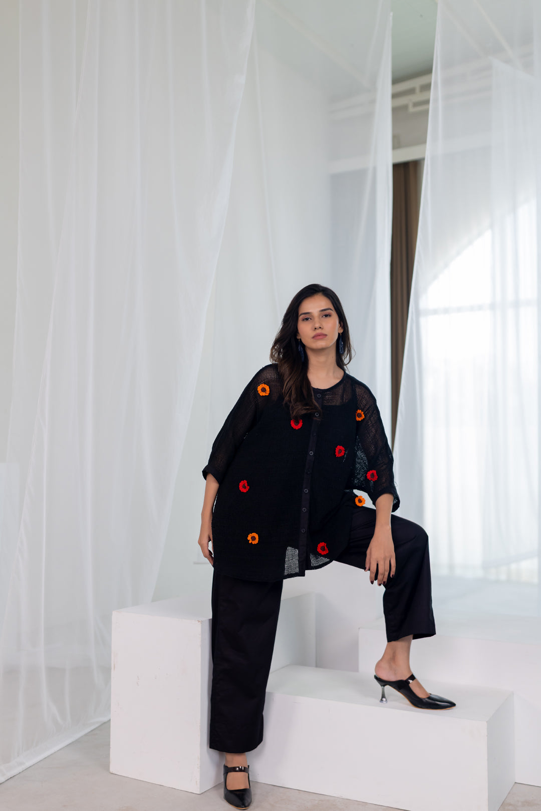 Blooming Black Mesh Top and Pants Set