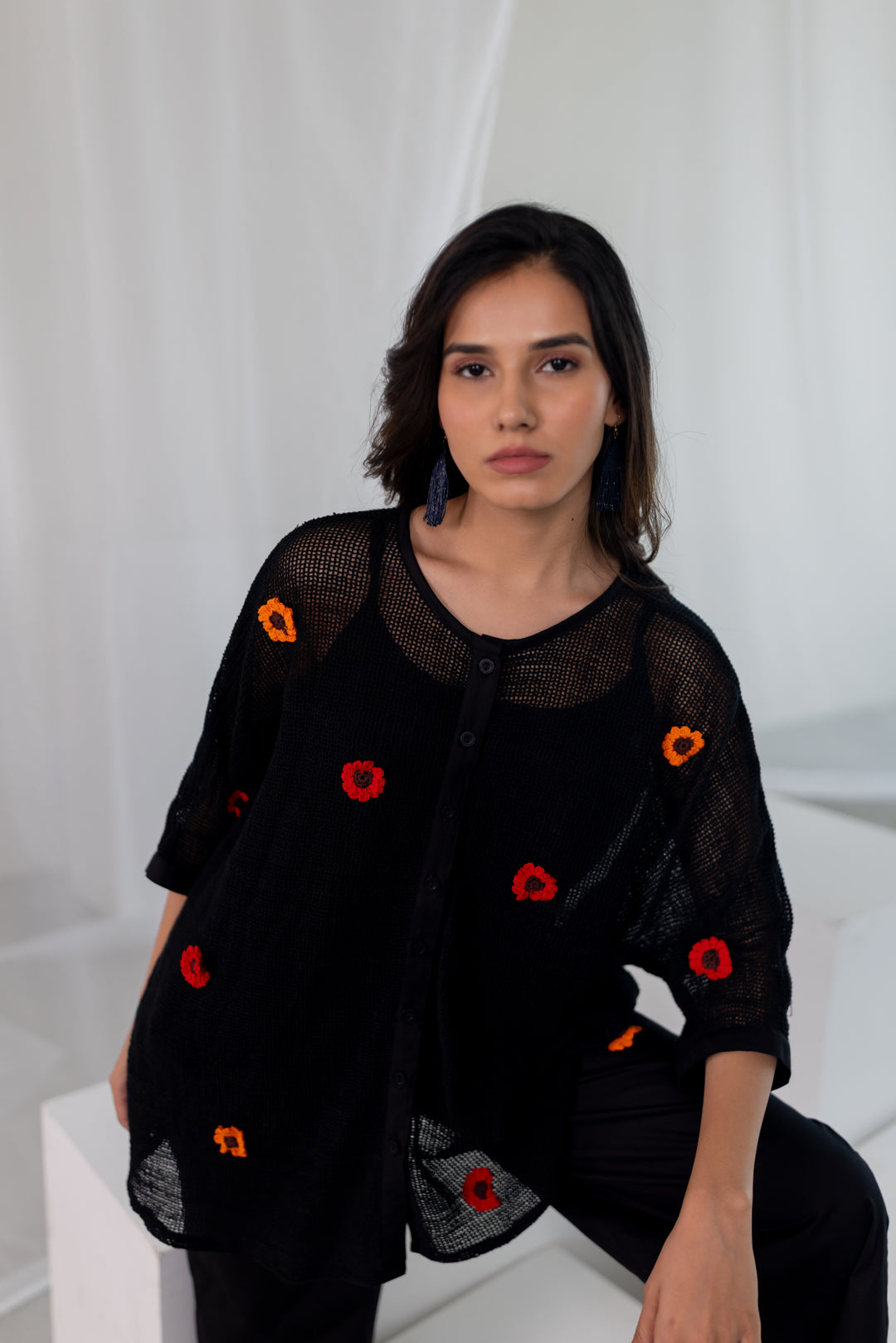 Blooming Black Mesh Top and Pants Set