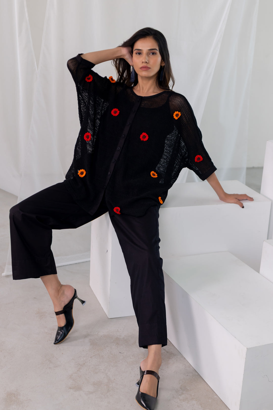 Blooming Black Mesh Top and Pants Set