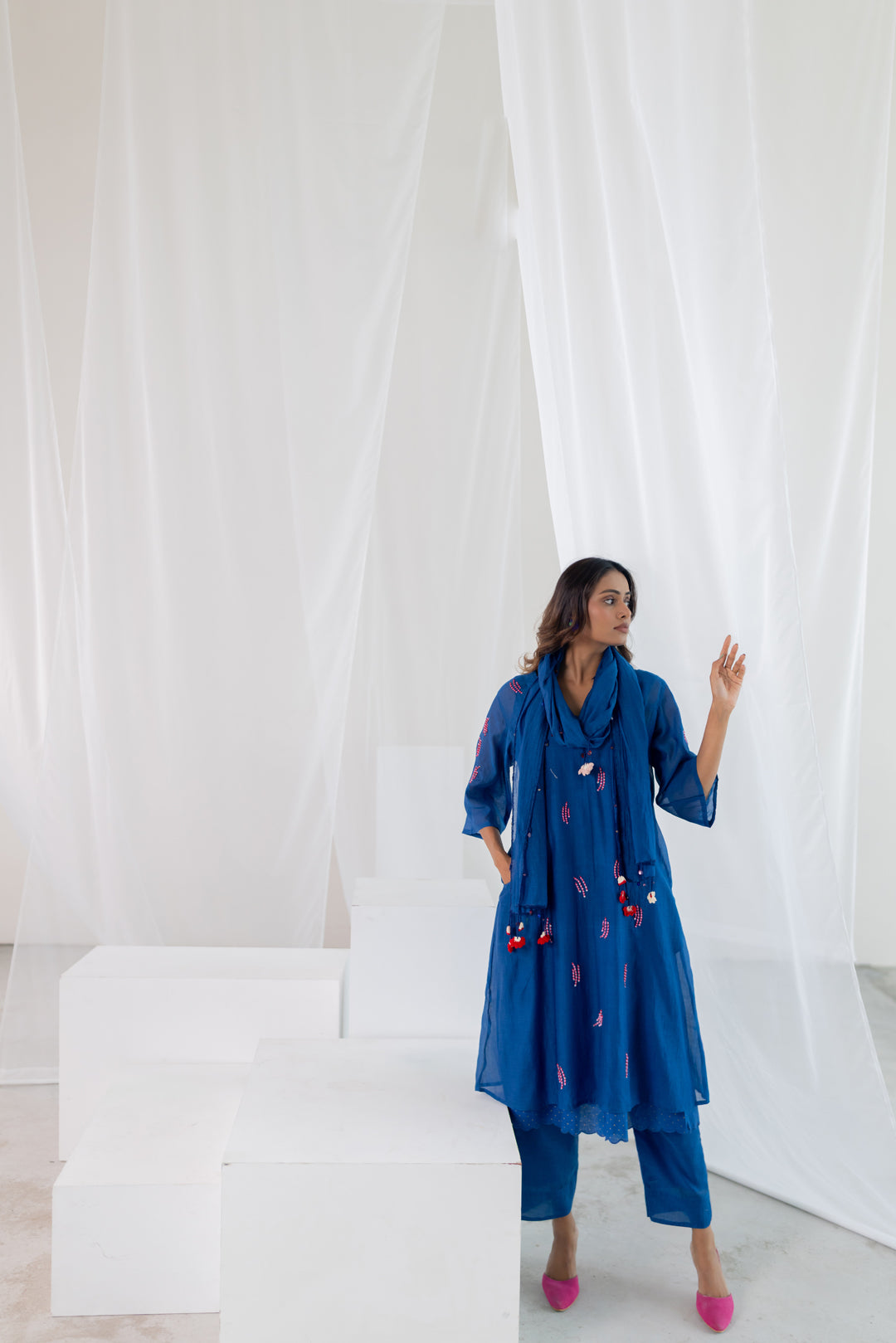 Cobalt Pink Seashore Kurta Set with Stole