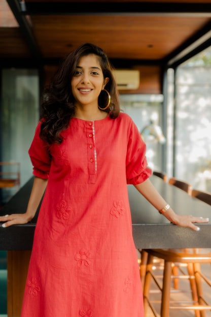 Crimson on Crimson floral applique dress