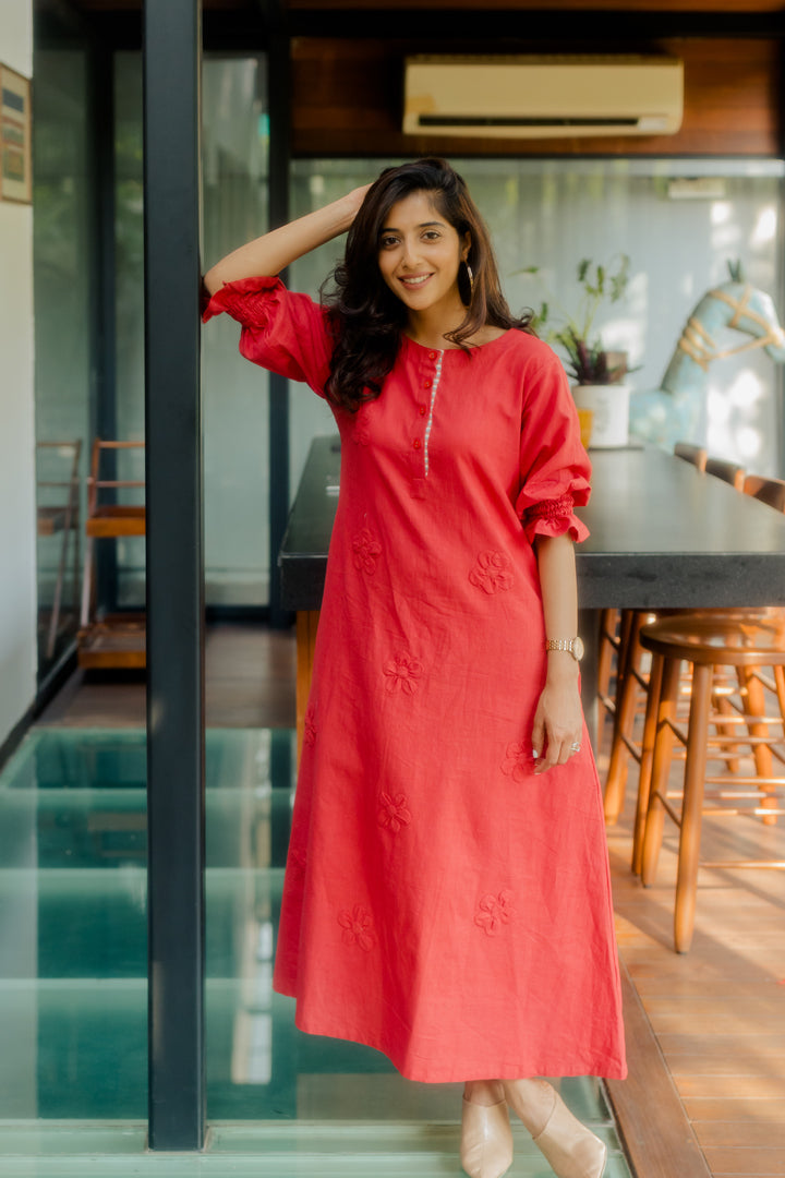 Crimson on Crimson floral applique dress