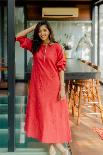 Crimson on Crimson floral applique dress