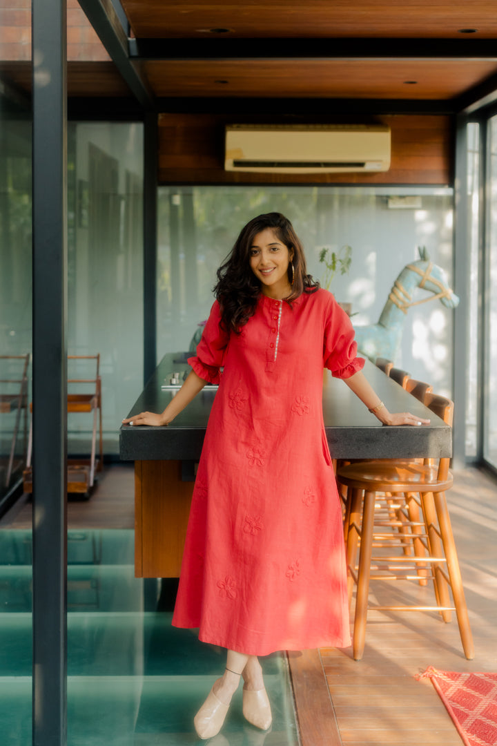 Crimson on Crimson floral applique dress