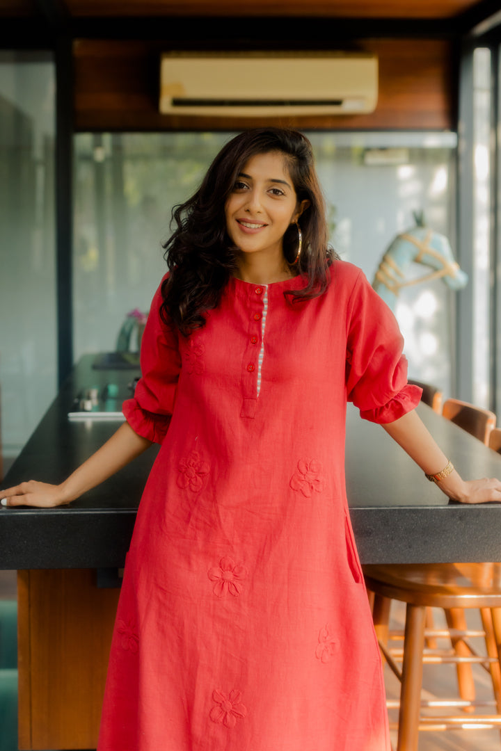 Crimson on Crimson floral applique dress