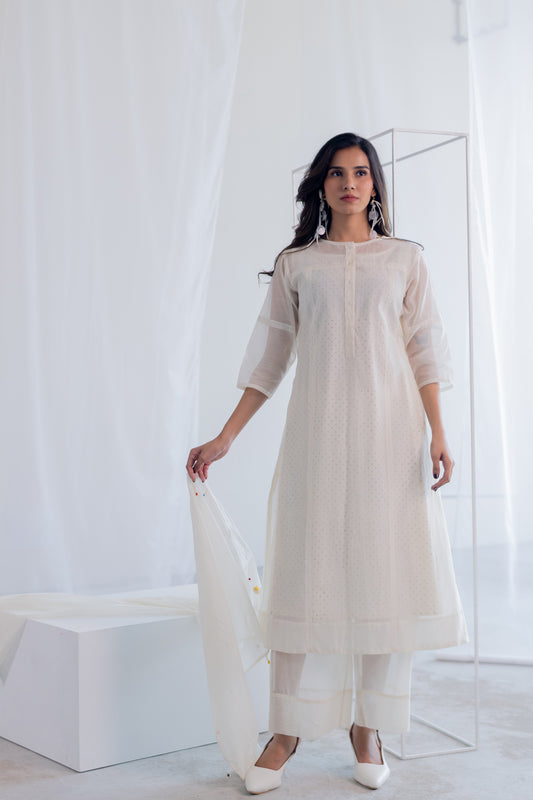 Ecru Chanderi Polka Kurta and Pants Set
