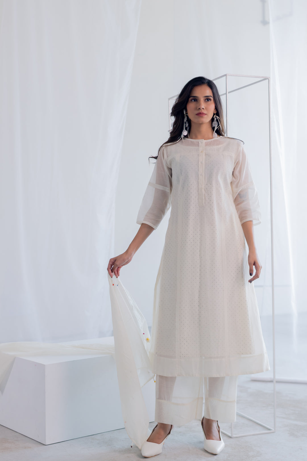 Ecru Chanderi Polka Kurta Set with Stole