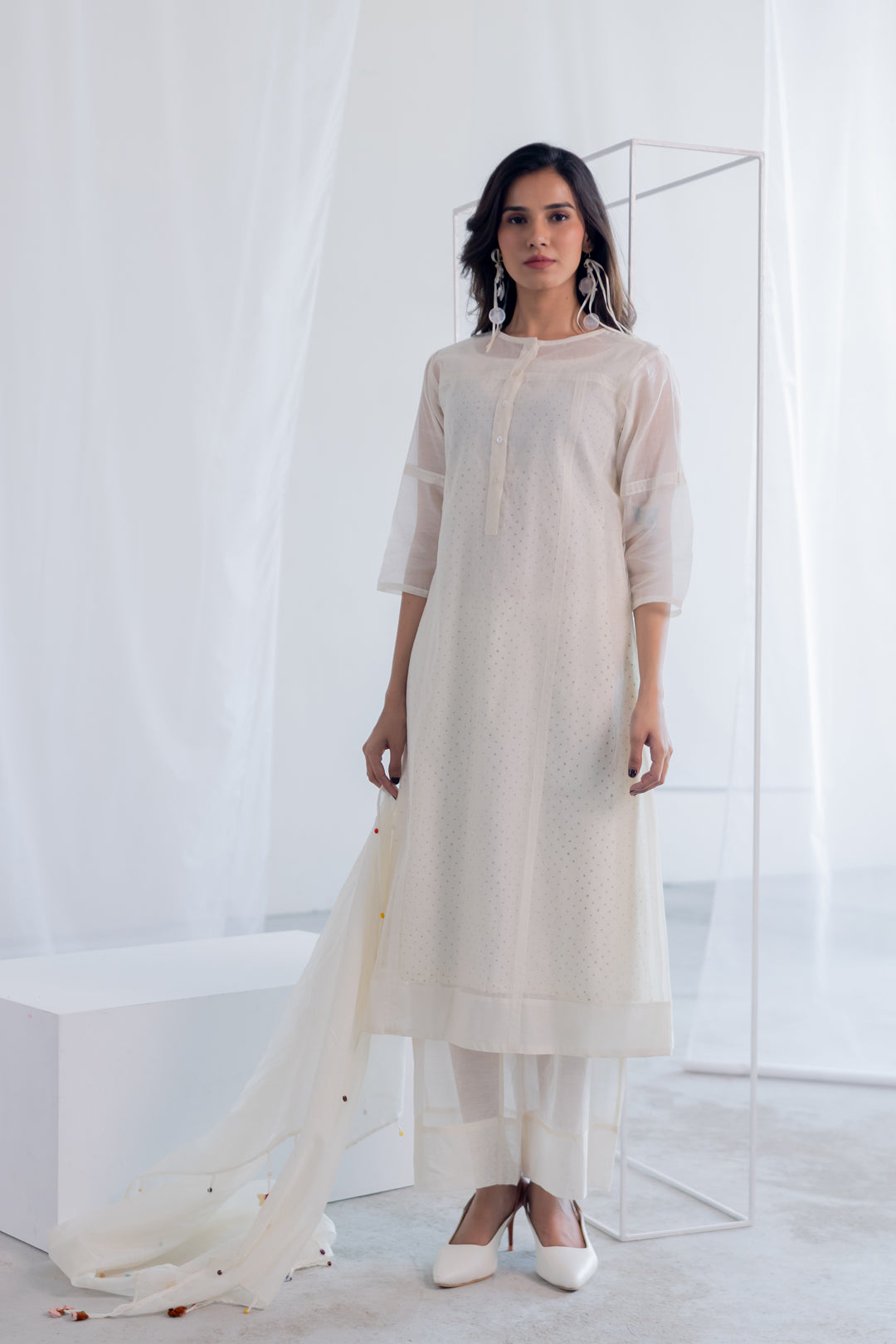 Ecru Chanderi Polka Kurta Set with Stole