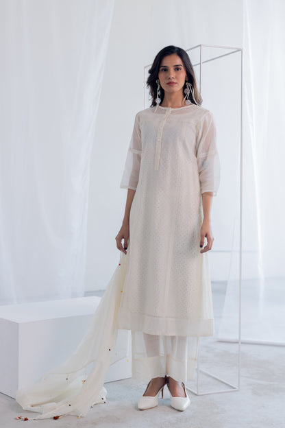 Ecru Chanderi Polka Kurta Set with Stole