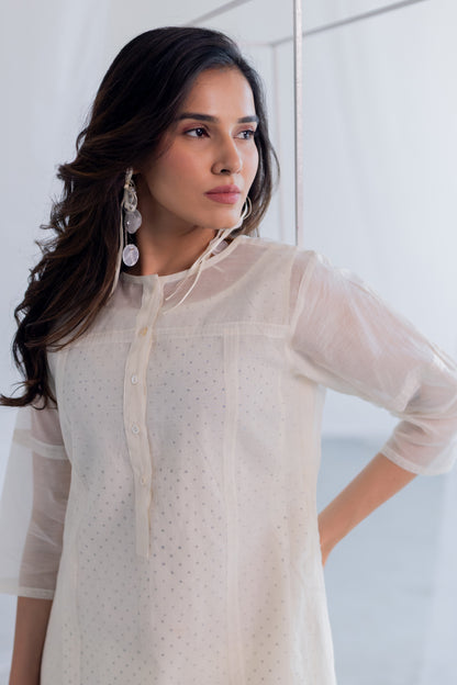 Ecru Chanderi Polka Kurta Set with Stole