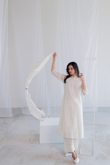 Ecru Chanderi Polka Kurta Set with Stole