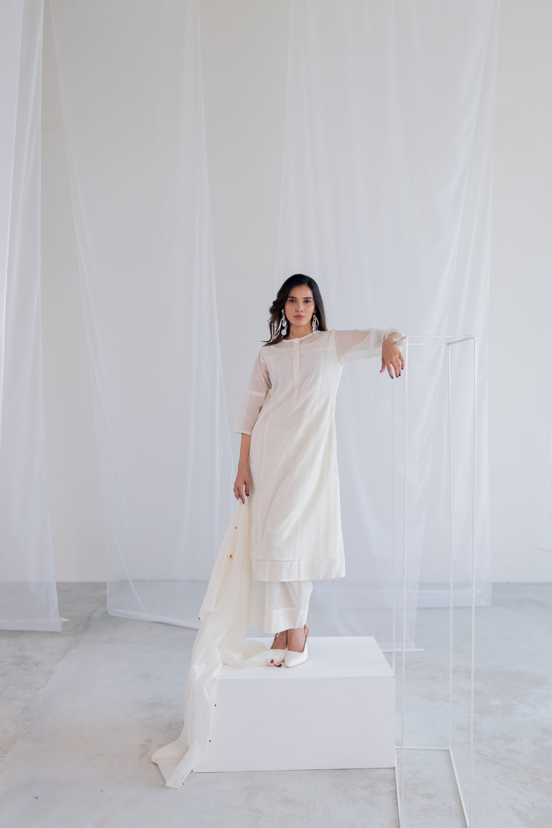 Ecru Chanderi Polka Kurta Set with Stole