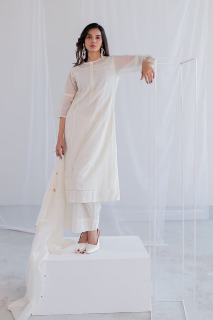 Ecru Chanderi Polka Kurta and Pants Set