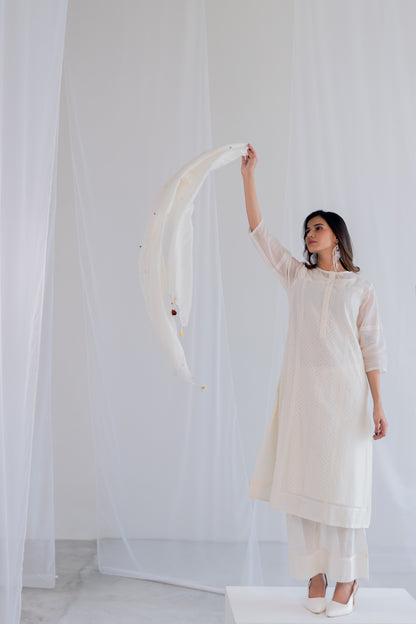 Ecru Chanderi Polka Kurta Set with Stole