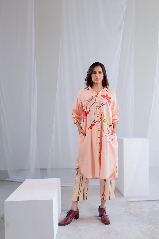 Soft Coral Button down Co -Ord Set