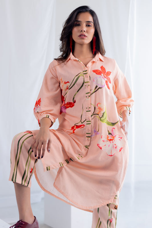 Soft Coral Button down Kurta