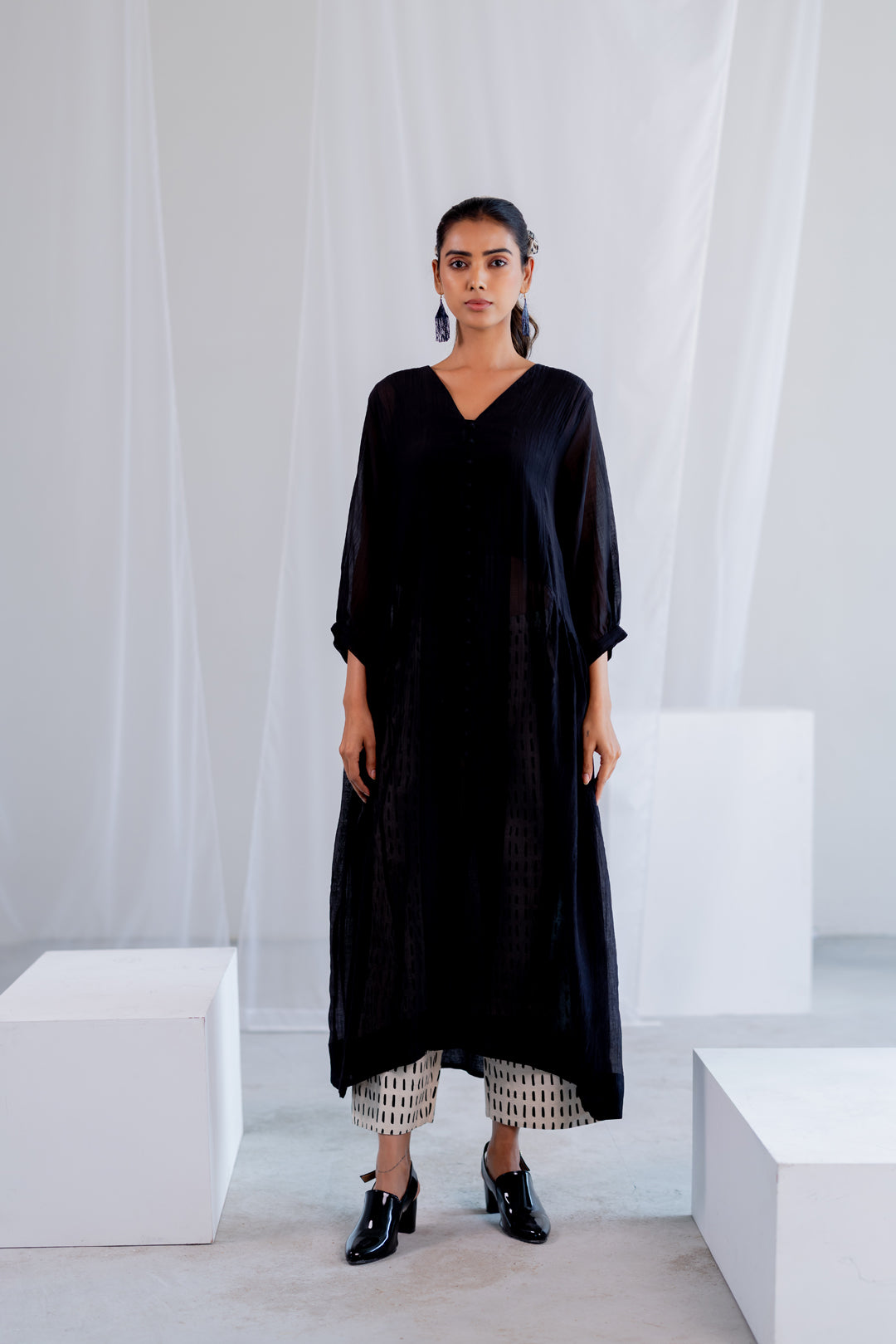 Sheer Midnight Chanderi Overlay and Ecru Pants Set