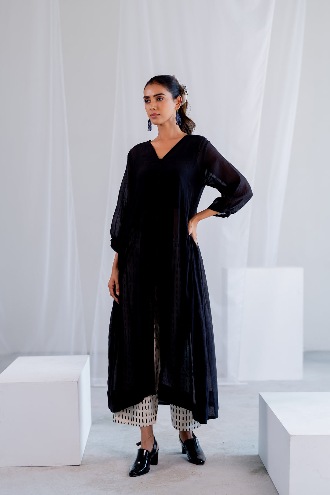 Sheer Midnight Chanderi Overlay and Ecru Pants Set