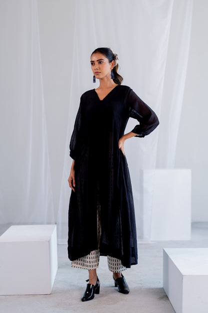 Sheer Midnight Chanderi Overlay and Ecru Pants Set