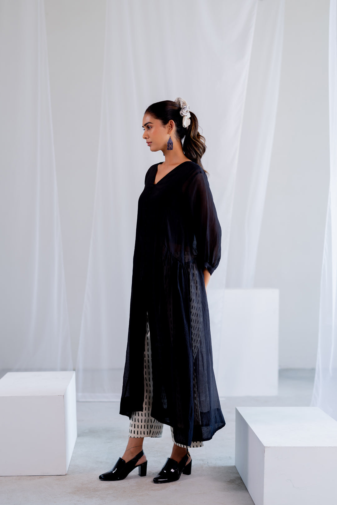 Sheer Midnight Chanderi Overlay and Ecru Pants Set