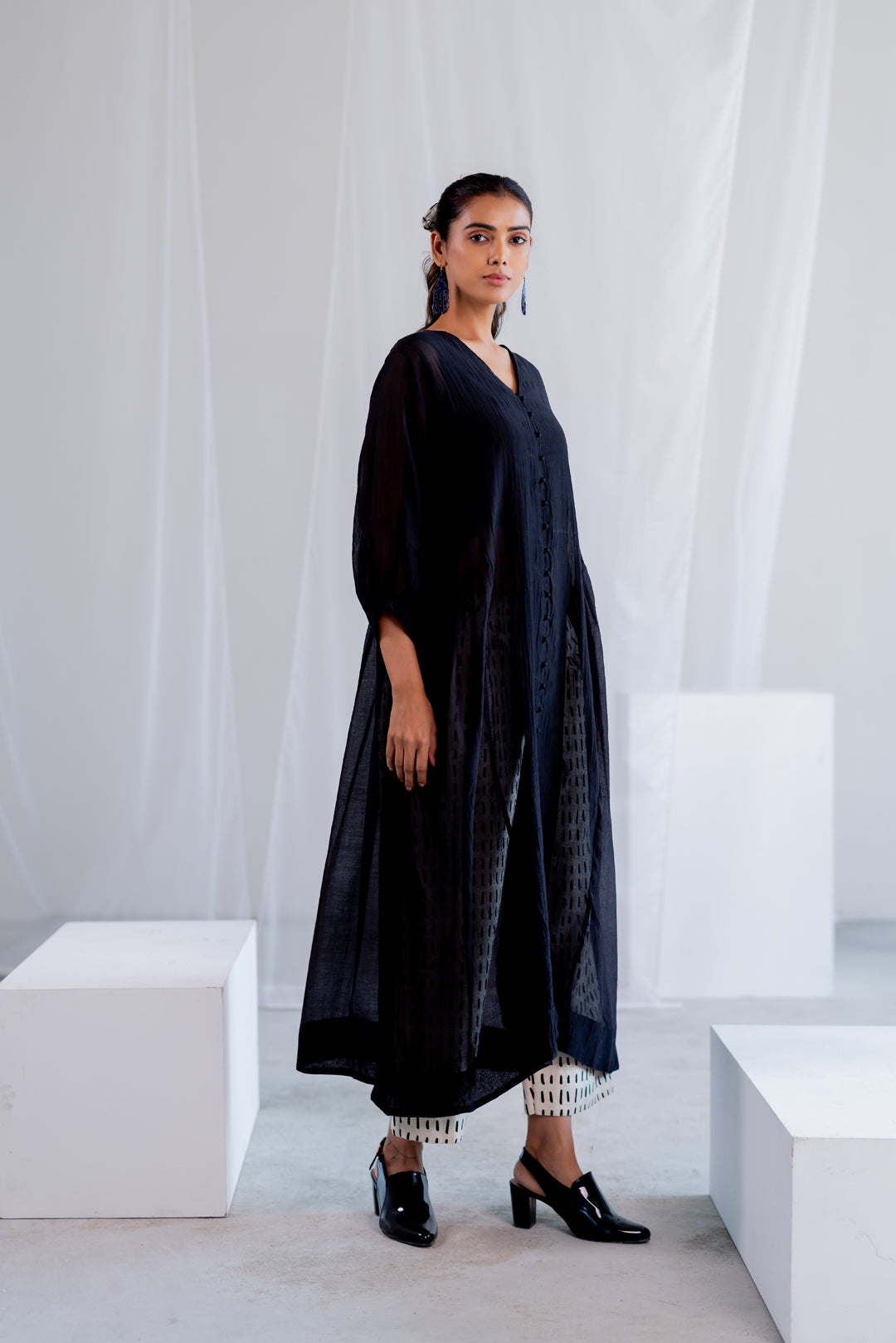 Sheer Midnight Chanderi Overlay and Ecru Pants Set