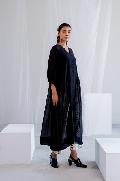 Sheer Midnight Chanderi Overlay and Ecru Pants Set