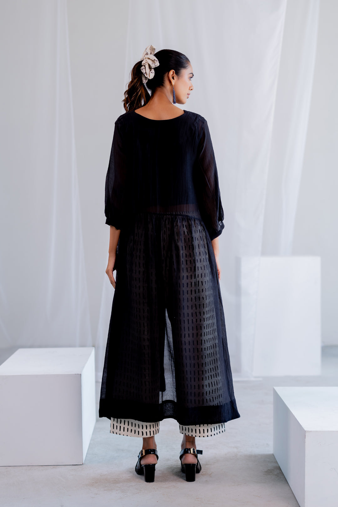 Sheer Midnight Chanderi Overlay and Ecru Pants Set