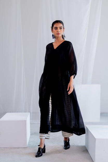Sheer Midnight Chanderi Overlay and Ecru Pants Set
