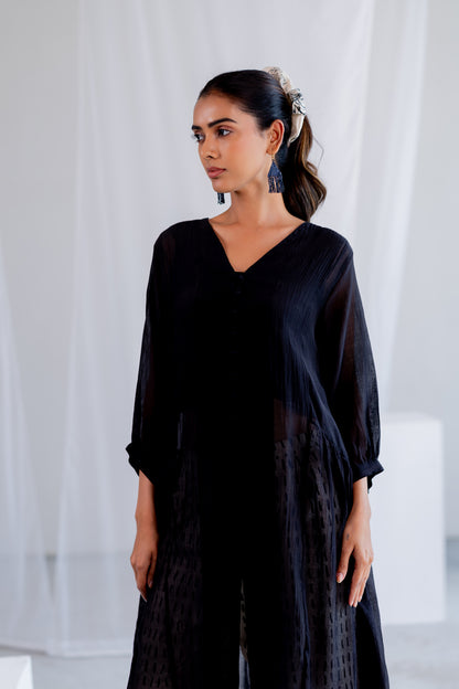 Sheer Midnight Chanderi Overlay and Ecru Pants Set