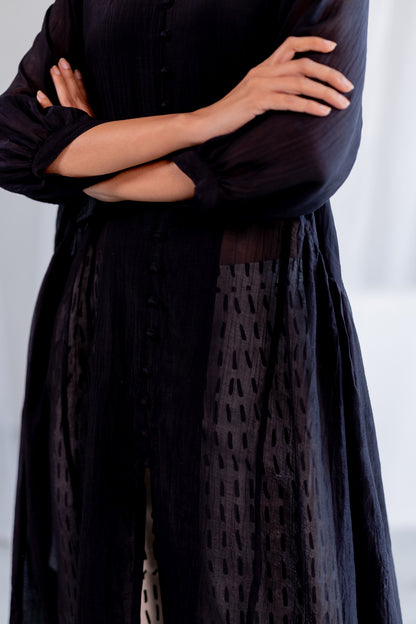 Sheer Midnight Chanderi Overlay and Ecru Pants Set