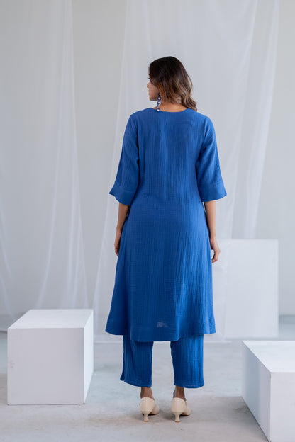 Cobalt Ecru Foliage Kurta Co-ord