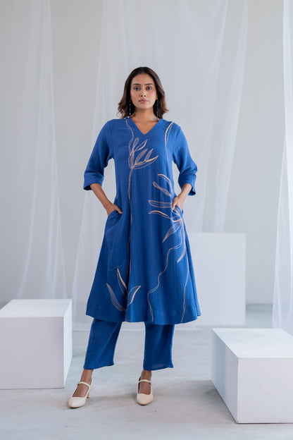 Cobalt Ecru Foliage Kurta Co-ord