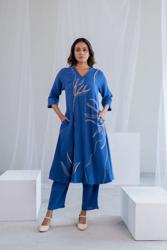 Cobalt Ecru Foliage Kurta Co-ord
