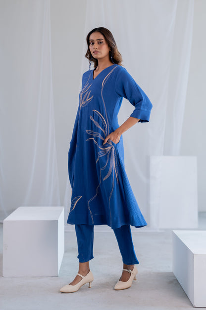 Cobalt Ecru Foliage Kurta Co-ord