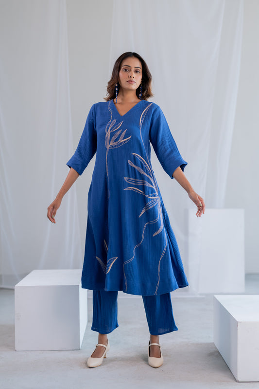 Cobalt Ecru Foliage Kurta Co-ord