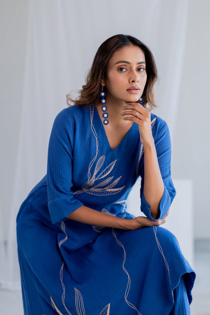 Cobalt Ecru Foliage Kurta Co-ord